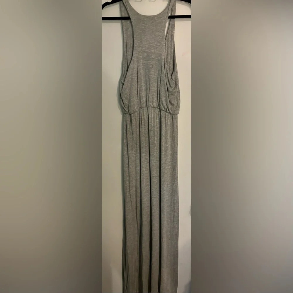 Socialite Womens Maxi Dress Gray Scoop Neck popover draped top Racerback Sz Sm